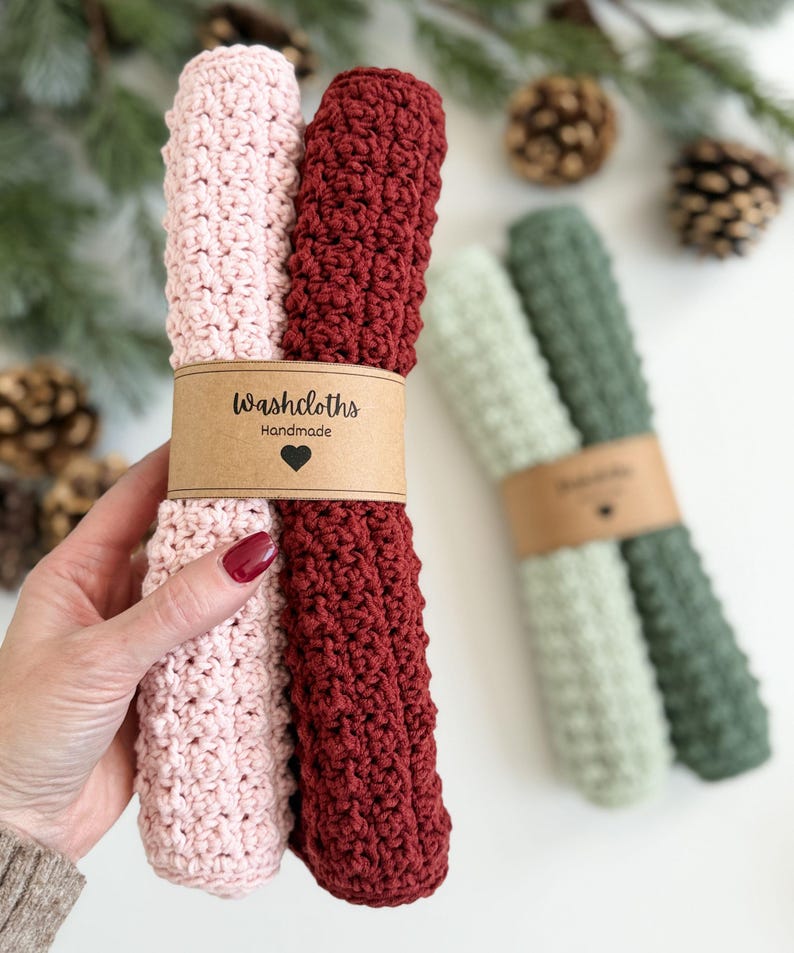 May include: Handmade washcloths in pink and burgundy, held together with a brown paper band. The band reads "Washcloths Handmade" with a heart symbol. Additional washcloths in green and light green are in the background.