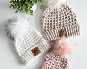 CROCHET PATTERN & Video / Waffle Stitch Crochet Hat, crochet hat in baby to large adult sizes