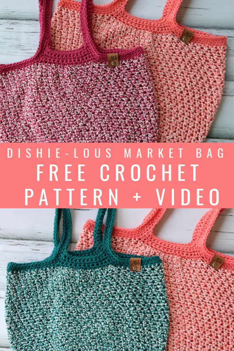 May include: Three crocheted market bags in pink, coral, and teal colours. The bags have a simple design with a wide base and two straps. The text "DISHIE-LOUS MARKET BAG FREE CROCHET PATTERN + VIDEO" is displayed on the image.