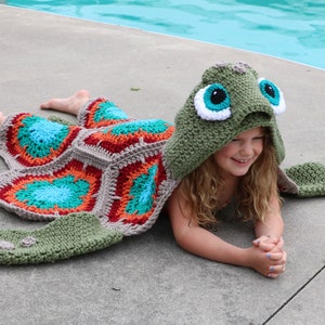 CROCHET PATTERN Hooded Sea Turtle Blanket / Turtle costume / Turtle Infant Prop / Turtle Blanket newborn to Adult size image 6