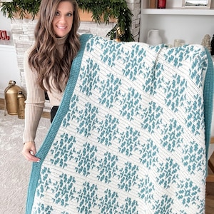 May include: A white and teal crochet blanket with a snowflake pattern. The blanket is being held by a person wearing a brown turtleneck sweater.