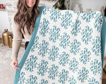 CROCHET PATTERN & VIDEO/ Snow Flurries Mosaic Blanket, Snowflake blanket, colourwork, oversized throw, pdf, Mosaic Crochet Blanket