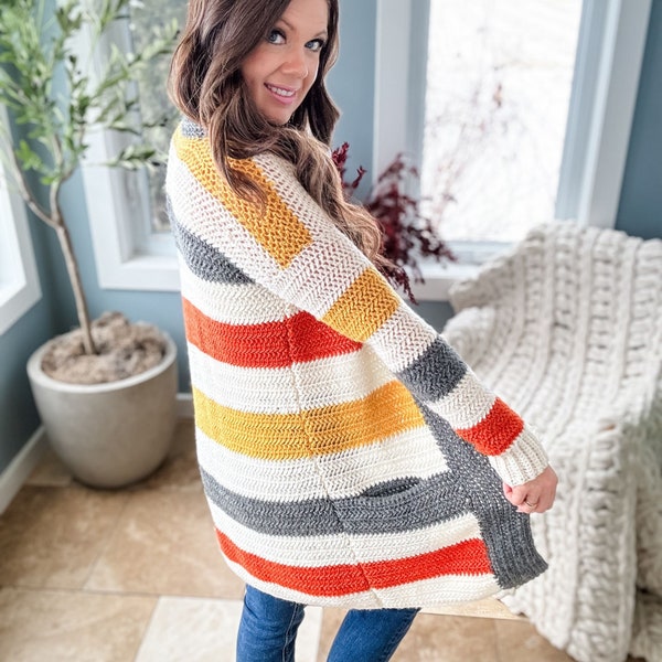 CROCHET PATTERN & VIDEO/ Everyday Striped Cardigan, Pdf Digital Download, Striped Sweater,Crochet Cardigan, sizes S-4X,easy crochet cardigan