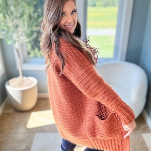 CROCHET PATTERN & VIDEO/ Fuzzy Peach Cardigan, Winter cardigan, crochet sweater, cardigan with pockets, cozy crochet, sizes S-5X