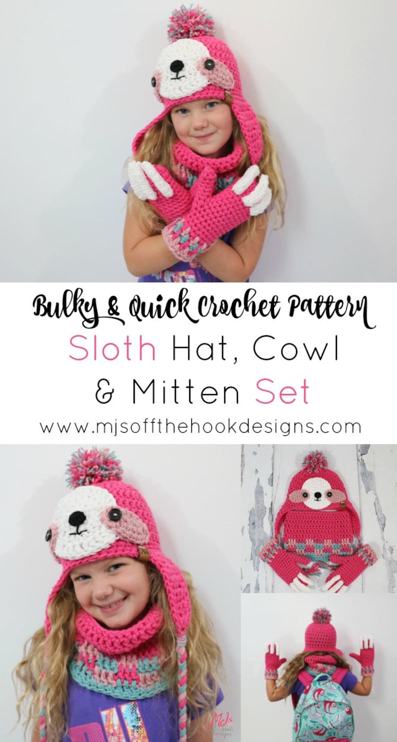 CROCHET PATTERN Sloth Hat, Cowl and Mitten Set image 10