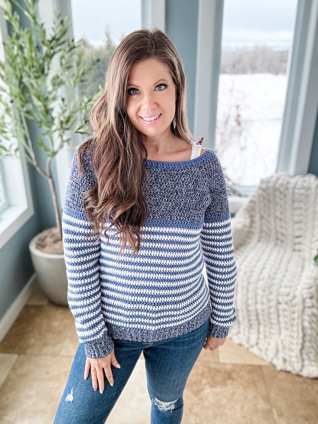 ★ ★ crochet striped sweater T22F1KTO075WT10A9 crochet striped sweater T22F1KTO075WT10A9 Chunky Striped