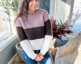 CROCHET PATTERN Video/chunky Colour Block Crochet Pullover