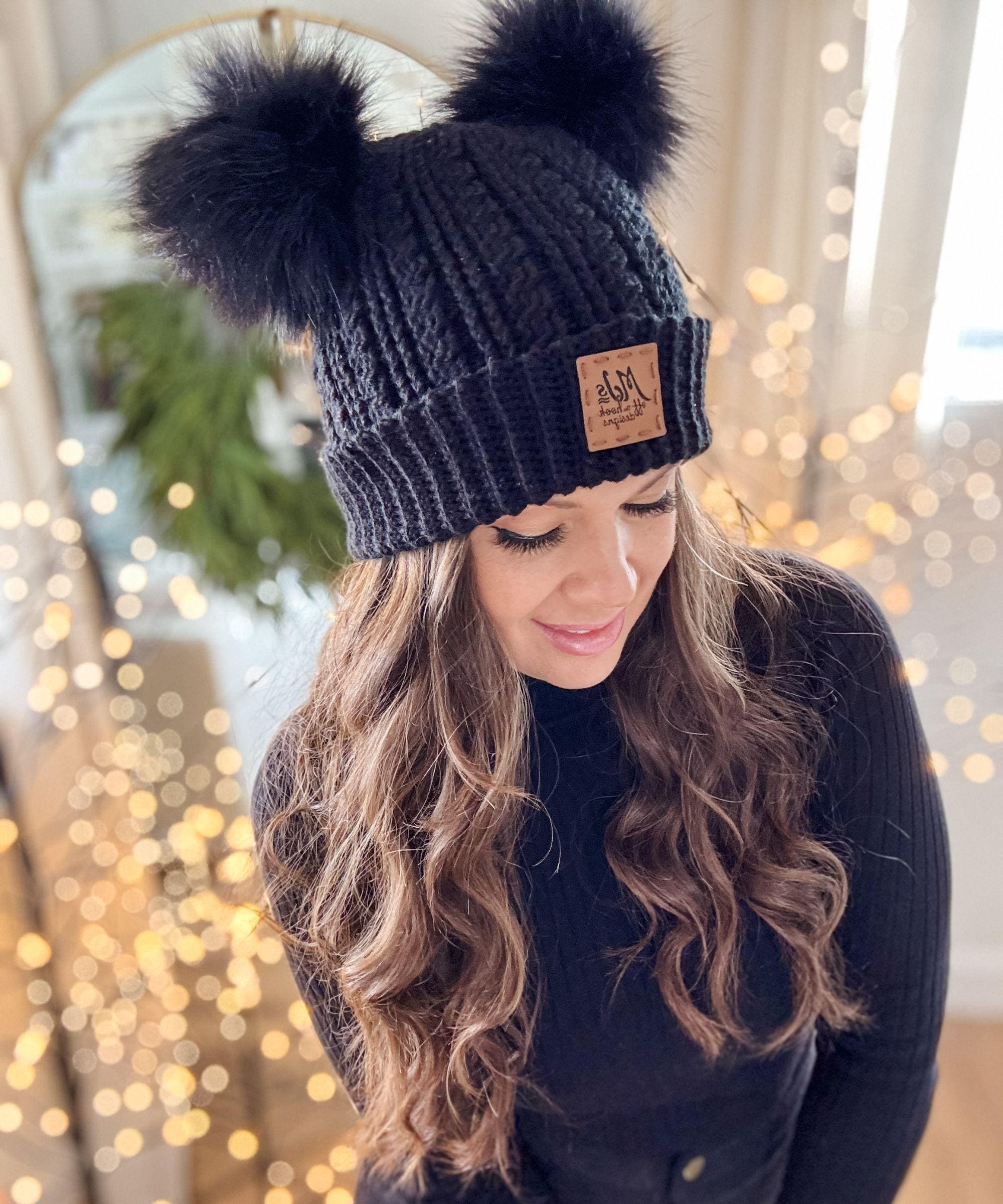 Knitted Beanie Double Pom Pom Beanie Womens Double Pom Ladies