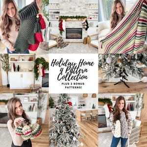 May include: A collection of crochet patterns for holiday home decor. The patterns include a stocking, a blanket, a tree skirt, and ornaments. The image also includes text that says "Holiday Home 4 Pattern Collection Plus 2 Bonus Patterns!"