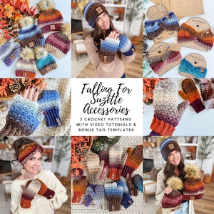 May include: A selection of crocheted hats and fingerless gloves in shades of blue, brown, and orange. The image features the text "Falling For Suzette Accessories" and "3 Crochet Patterns with Video Tutorials & Bonus Tag Templates".