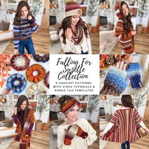 May include: A collection of crochet items in various colors, including a striped sweater, hat, scarf, hooded jacket, and fingerless gloves. The image also features crochet patterns with video tutorials and bonus tag templates. The color palette includes shades of brown, blue, and orange.