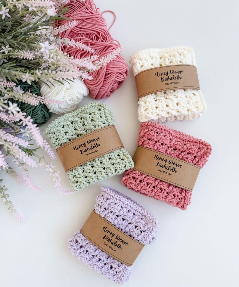 Puede incluir: Un conjunto de pa&ntilde;os de cocina Honey Weave hechos a mano en crema, rosa, verde y lavanda. Cada pa&ntilde;o est&aacute; envuelto con una banda de papel marr&oacute;n que dice "Honey Weave Dishcloth Handmade". Tambi&eacute;n hay ovillos de lana en colores a juego y acentos florales.