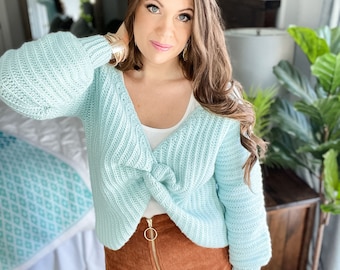 CROCHET PATTERN & VIDEO/ Sow Pretty Twist Top Crochet Sweater Pattern in ladies' sizes xs-5x with a video tutorial, pdf, maternity