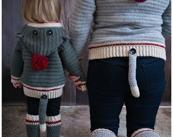 CROCHET PATTERN/ Child & Adult Sock Monkey Set, crochet sweater pattern, unisex, classic crochet pattern