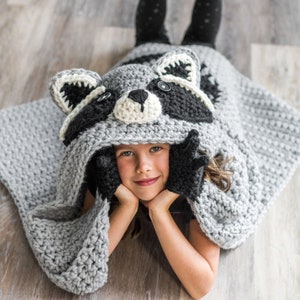 CROCHET PATTERN & VIDEO/ Woodland Raccoon Blanket - Hooded Woodland Racoon Blanket Crochet Pattern, crochet animal blanket