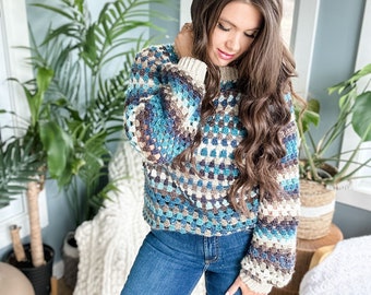 CROCHET PATTERN & VIDEO/ Granny Stitch Crochet Sweater Pattern Pdf, Sizes Xs-5X, Easy Crochet Pullover Pattern, Top-down construction