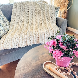 Peut inclure: Une couverture en tricot blanc &eacute;paisse drap&eacute; sur un canap&eacute; gris avec un arrangement de fleurs roses dans un pot sur une table en bois.