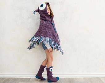 CROCHET PATTERN for Owl Poncho and Crochet Socks - Owl Poncho Crochet Pattern - Owl Poncho and Socks Pattern by MJ's Off The Hook Designs