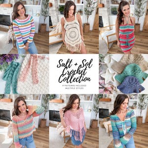 May include: A collection of crochet patterns titled Salt + Sol Crochet Collection, featuring nine designs including striped sweaters, a cream fringe tunic, a colorful halter dress, textured scarves, and various crochet hats in blue and tan.