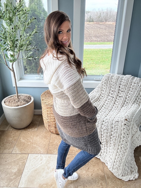 CROCHET PATTERN VIDEO Hooded Colour Block Cardigan With Pockets and Belt Sizes Xs 5x Top down Construction Easy Crochet Cardigan Etsy