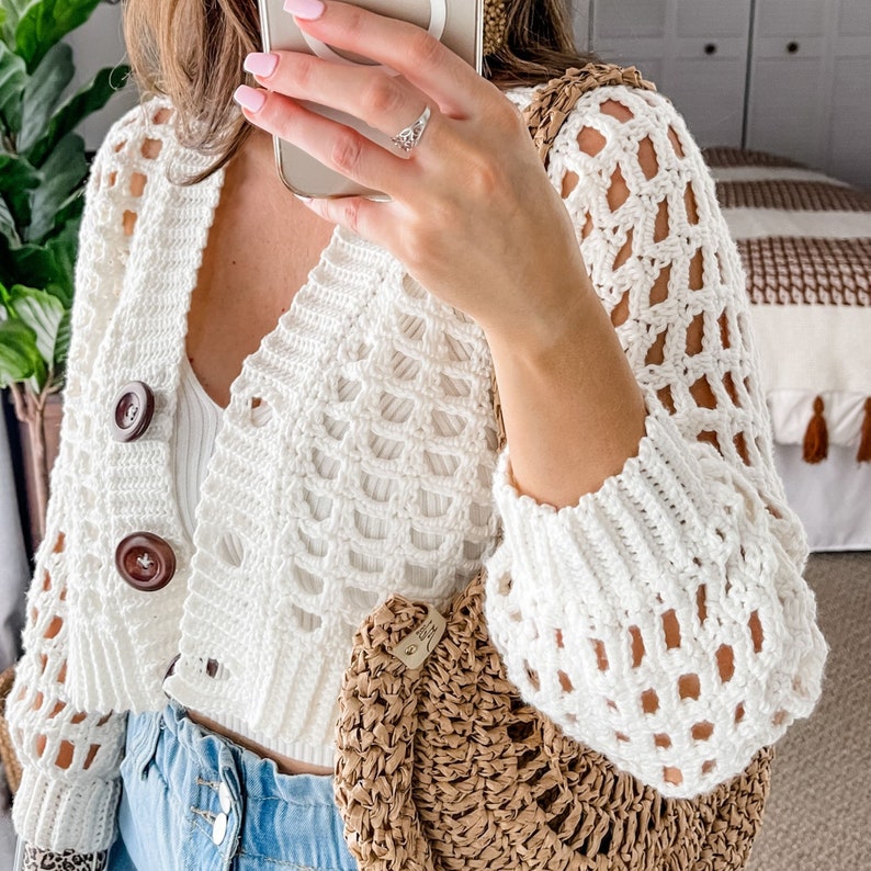 CROCHET PATTERN / Peek-A-Boo Crop Cardigan / Duster Cardigan / Mesh Stitch Crochet Cardigan Pattern image 5