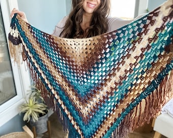 CROCHET PATTERN Feathered Fall Shawl, crochet triangle scarf pattern