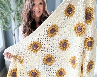 CROCHET BLANKET PATTERN / Sunflower Granny Square Blanket / Summer Sunshine Sunflower Blanket