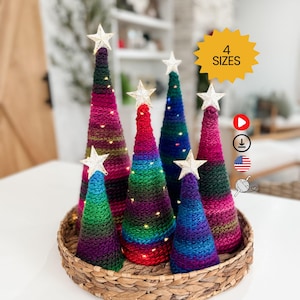 CROCHET PATTERN & VIDEO/ Merry and Bright Holiday Trees, Crochet Christmas Trees, Colorful Crochet, 4 sizes, Pdf, Holiday Crochet, Easy