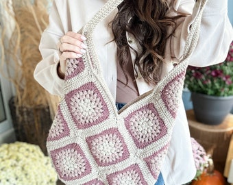 CROCHET PATTERN & VIDEO / River Stone Granny Bag, Granny Square Crochet Bag Pattern, easy crochet, perfect for gifting, market prep, pdf