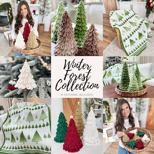 May include: A collection of handmade crochet Christmas trees in various colors, including red, green, white, and tan. The image also features a crocheted blanket with a tree pattern and the text "Winter Forest Collection".
