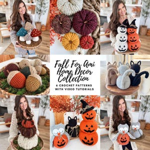 May include: A collection of crochet home decor items, including pumpkins, acorns, mushrooms, cats, owls, and jack-o'-lanterns. The items are in various colors such as orange, brown, white, and gray. The text "Fall For Ami Home Decor Collection" is also visible.