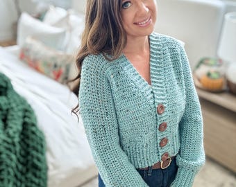 CROCHET PATTERN & VIDEO /Easy Lakeside Cardigan with buttons, belt and pockets, 2 versions, crochet crop cardigan, sizes Xs-5X, customizable