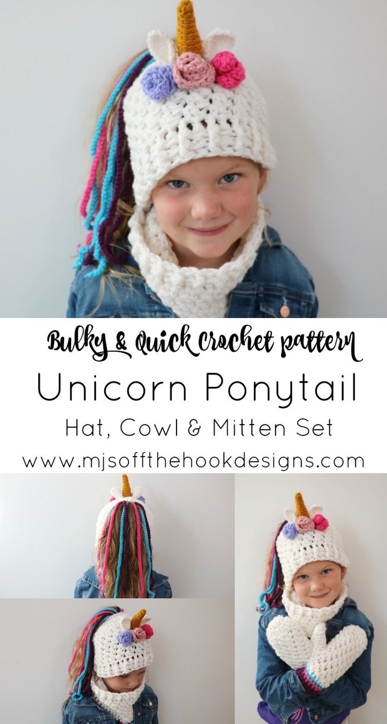 CROCHET PATTERN Unicorn Ponytail hat Set image 10