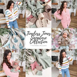 May include: A collection of crochet patterns titled Timeless Jones Signature Collection 7 Patterns Included, featuring images of various handmade garments including striped cardigans, hooded sweaters, and blankets with sailboat motifs.