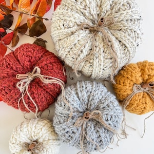 K&ouml;nnte beinhalten: Eine Sammlung handgestrickter K&uuml;rbisse in verschiedenen Farben, darunter Creme, Rot, Grau und Orange. Jeder K&uuml;rbis hat einen Bindfadenstiel und ein kleines Holzknopfdetail, ideal f&uuml;r die Herbstdekoration.