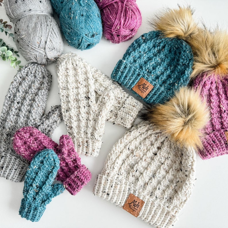 Crochet textured cable hat and mitten pattern for women,baby men and children