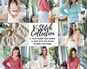 CROCHET PATTERN EBOOK V-Stitch Summer Garment Collection includes V-Neck Top with Hood, Cardigan with 3/4 and long sleeve and Crewneck Top