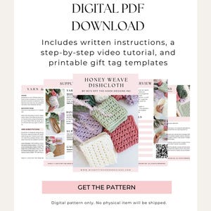 Puede incluir: Descarga digital en PDF con instrucciones para un pa&ntilde;o de cocina Honey Weave. La imagen muestra pa&ntilde;os de cocina de ganchillo coloridos en tonos rosa, verde, morado y blanco. Incluye un tutorial en v&iacute;deo y plantillas de etiquetas de regalo imprimibles.