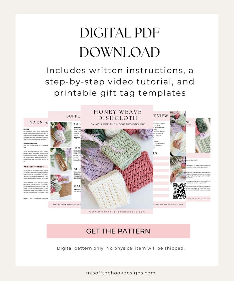 Puede incluir: Descarga digital en PDF con instrucciones para un pa&ntilde;o de cocina Honey Weave. La imagen muestra pa&ntilde;os de cocina de ganchillo coloridos en tonos rosa, verde, morado y blanco. Incluye un tutorial en v&iacute;deo y plantillas de etiquetas de regalo imprimibles.