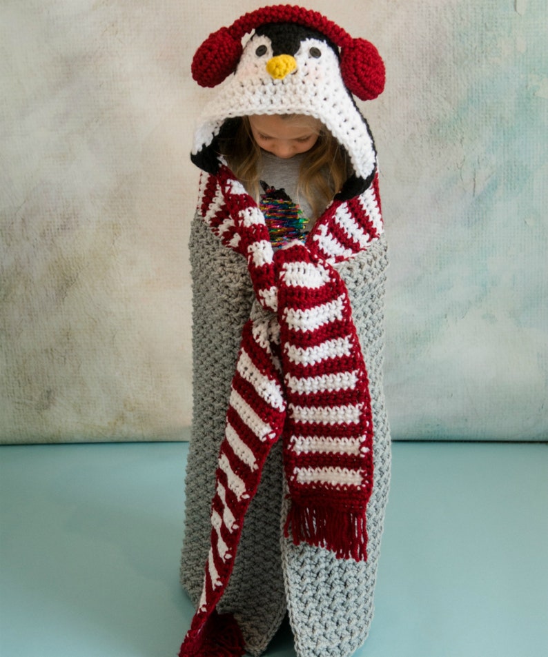 CROCHET PATTERN Hooded Penguin Blanket / Pdf digital download / winter penguin blanket / scarf and earmuffs penguin image 6