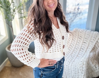 CROCHET PATTERN & VIDEO/ Peek-A-Boo Crop Cardigan, Duster Cardigan, Mesh Stitch Crochet Cardigan Pattern, Sizes Xs-5X,