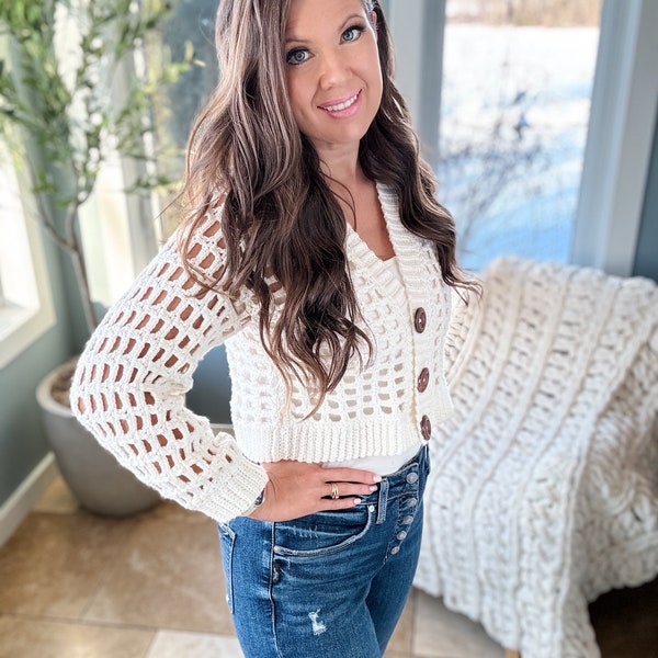 CROCHET PATTERN & VIDEO/ Peek-A-Boo Crop Cardigan, Duster Cardigan, Mesh Stitch Crochet Cardigan Pattern, Sizes Xs-5X,