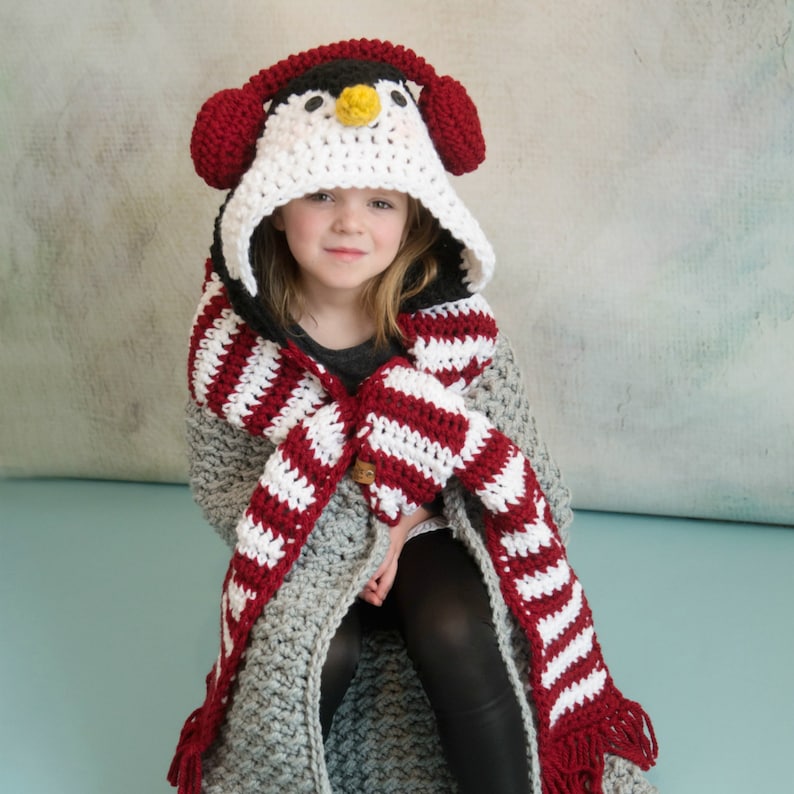 CROCHET PATTERN Hooded Penguin Blanket / Pdf digital download / winter penguin blanket / scarf and earmuffs penguin image 1