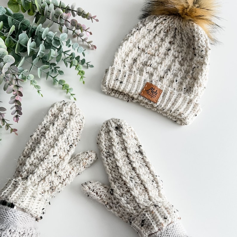 Crochet textured cable hat and mitten pattern for women,baby men and children