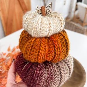 K&ouml;nnte beinhalten: Ein Stapel aus drei gestrickten K&uuml;rbissen in Herbstfarben. Der oberste K&uuml;rbis ist cremefarben, der mittlere orangefarben und der untere weinrot und braun. Ein Holzstiel und Bl&auml;tter akzentuieren den obersten K&uuml;rbis.