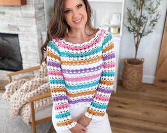 CROCHET PATTERN & VIDEO/ Serena Shell Stitch Top, Top-Down Crochet Top, Crochet Tee Shirt, Xs-5X, Striped  Sweater, Pdf pattern