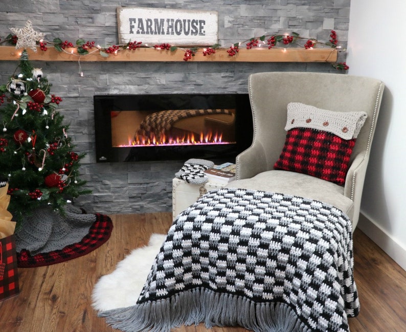 CROCHET PATTERN Rustic Farmhouse Plaid Throw Blanket image 3