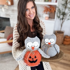 May include: Two crocheted owl plushies. One is perched atop an orange pumpkin with a carved jack-o'-lantern face. The other is a gray owl. Both have white eyes, orange beaks, and are tied with twine. A seasonal, handmade craft.