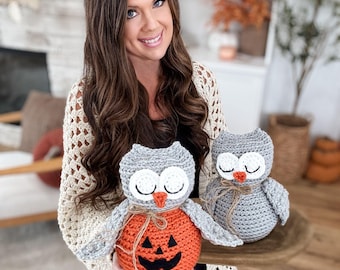 May include: Two crocheted owl plushies. One is perched atop an orange pumpkin with a carved jack-o'-lantern face. The other is a gray owl. Both have white eyes, orange beaks, and are tied with twine. A seasonal, handmade craft.