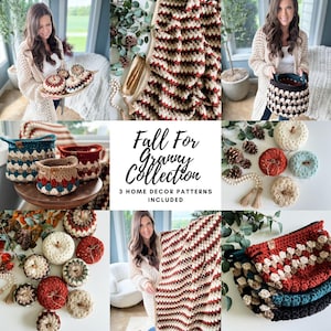 Peut inclure: Une collection de modèles de crochet avec des carrés de grand-mère sur le thème de l'automne en rouge, blanc et crème. Les modèles comprennent une couverture, un panier et une citrouille. Le texte "Fall For Granny Collection" et "3 Home Decor Patterns Included" est affiché sur un fond blanc.